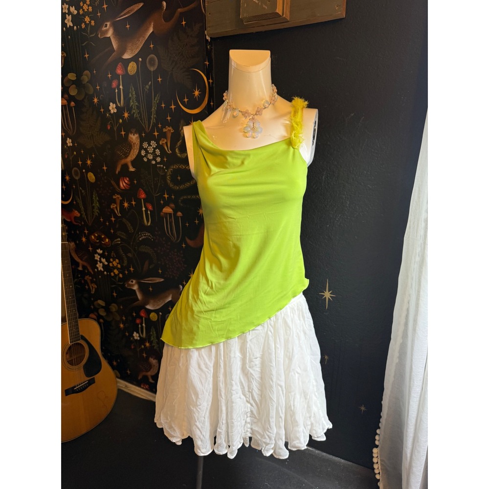 Venus Lime Green Asymmetrical Cowl Neck Tank Top with Fringe Strap Neon Small